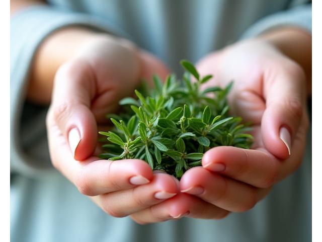 手に収穫されたばかりの新鮮なハーブ。